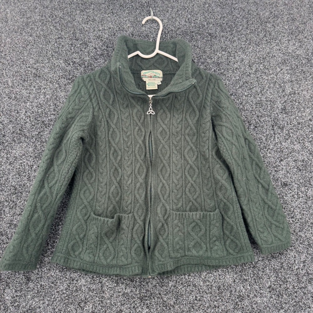 Aran Crafts Ireland 100% Merino Wool Cable Knit Zip Cardigan Green XS